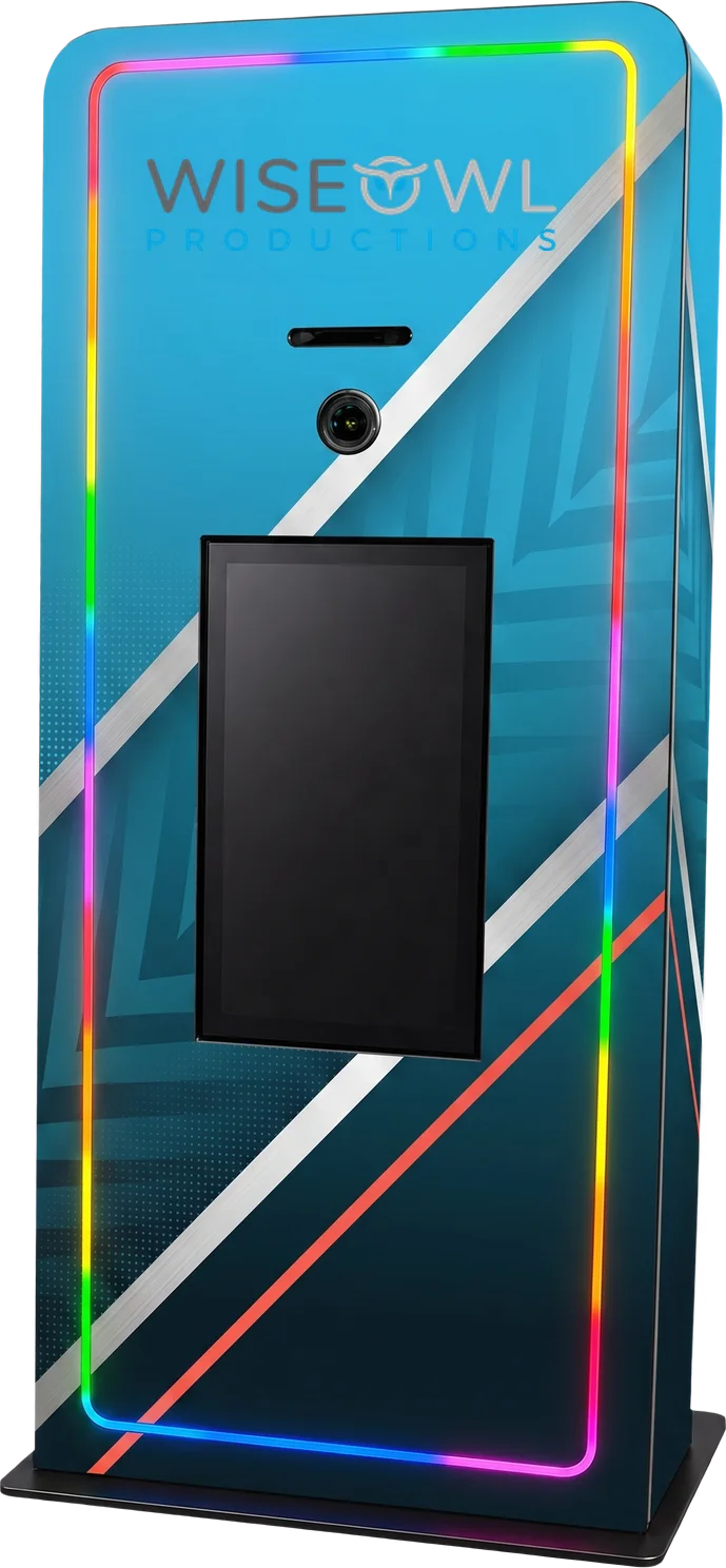 Elevated Kiosk with LED edge lighting, large touch screen, and integrated printer, shown in a Wise Owl Productions custom wrap