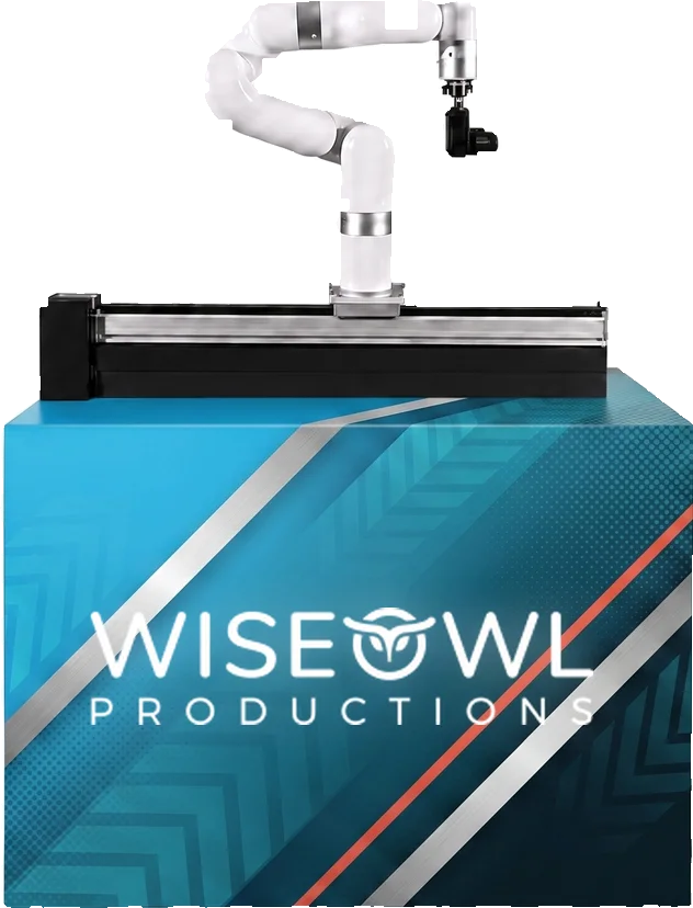 Robotic camera arm mounted on a rail atop a branded base cabinet, shown in a Wise Owl Productions custom wrap